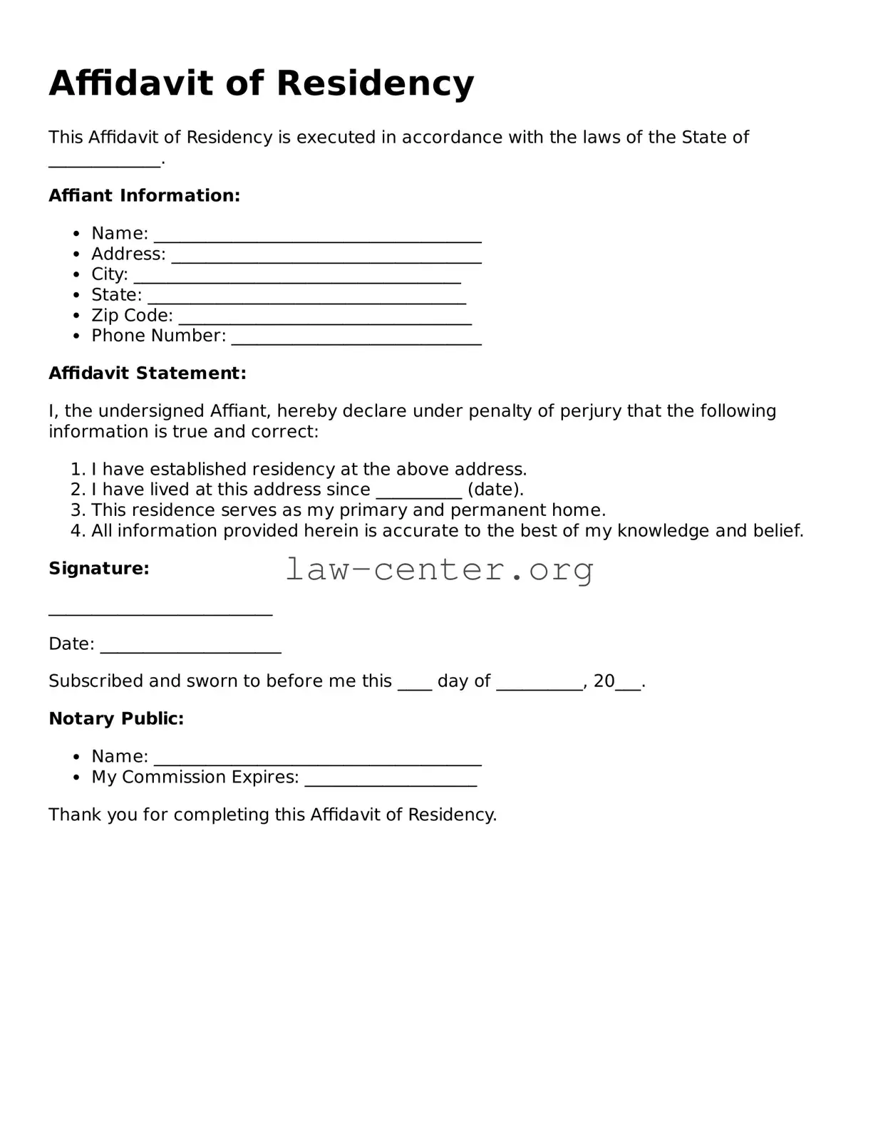 Free Affidavit of Residency Template