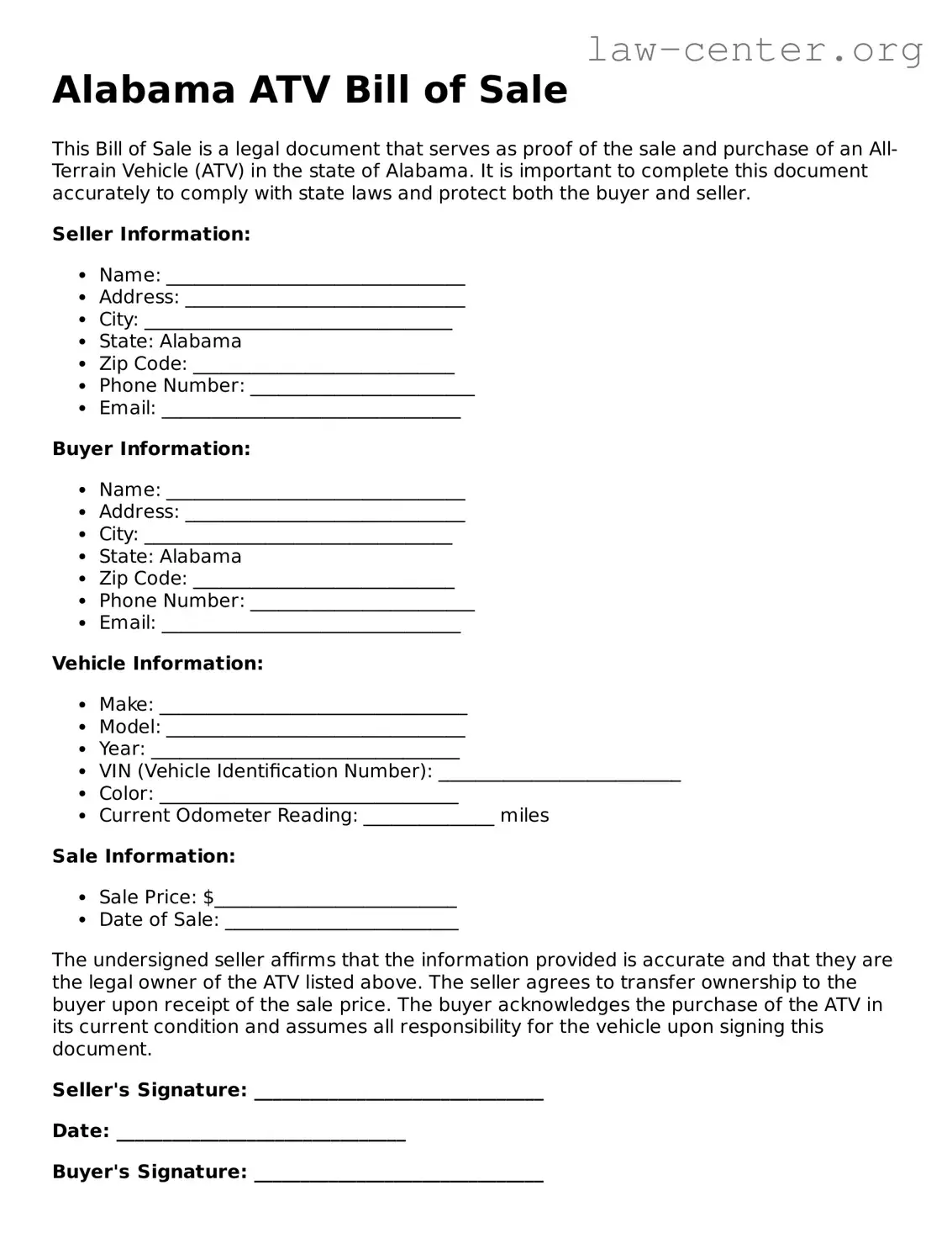 Attorney-Approved Alabama ATV Bill of Sale Document