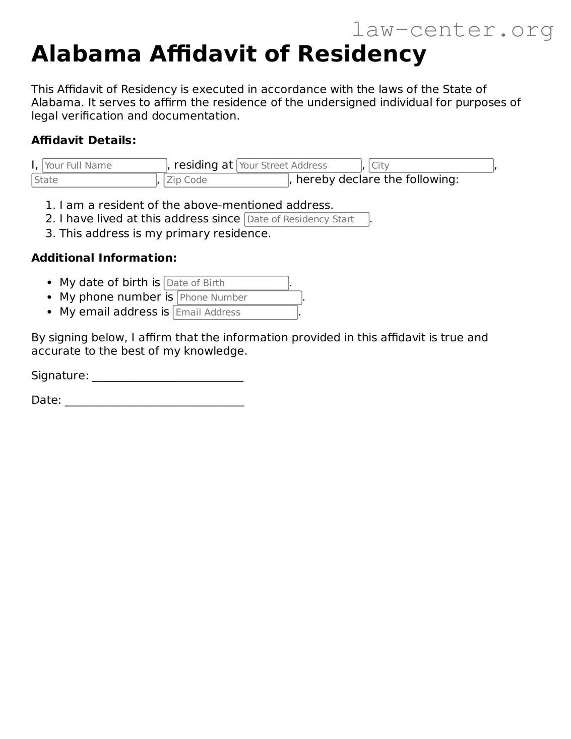 Attorney-Approved Alabama Affidavit of Residency Document