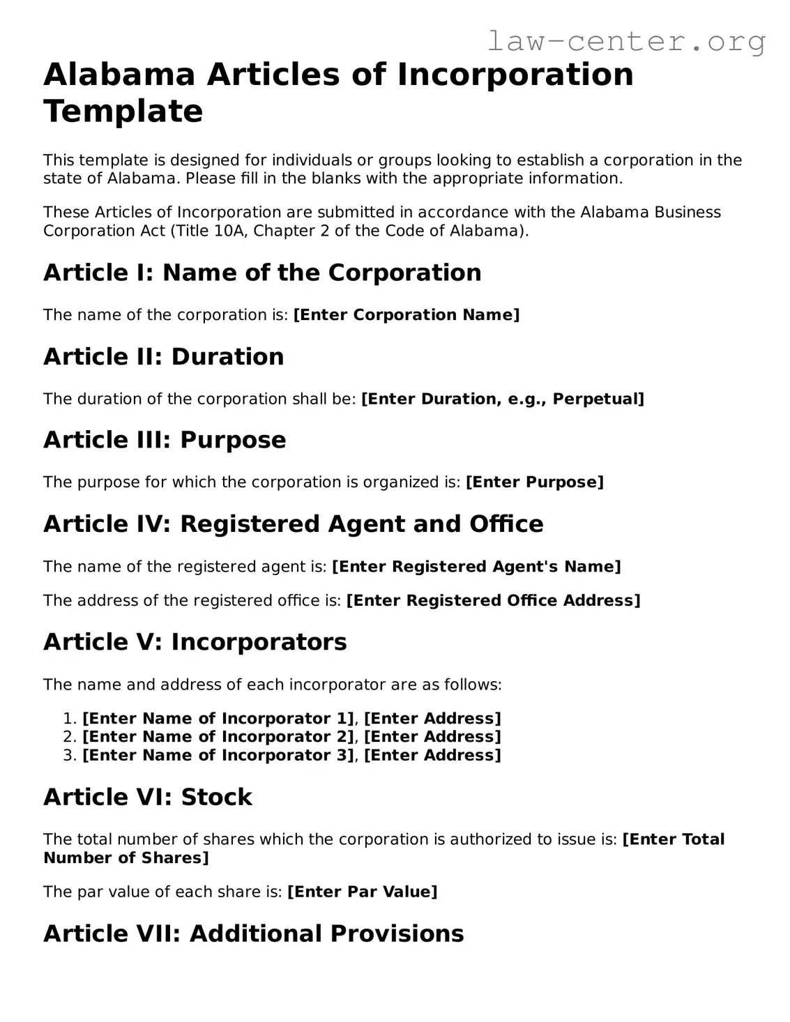 Attorney-Approved Alabama Articles of Incorporation Document
