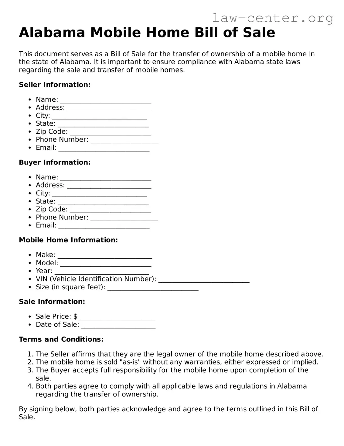 Attorney-Approved Alabama Mobile Home Bill of Sale Document