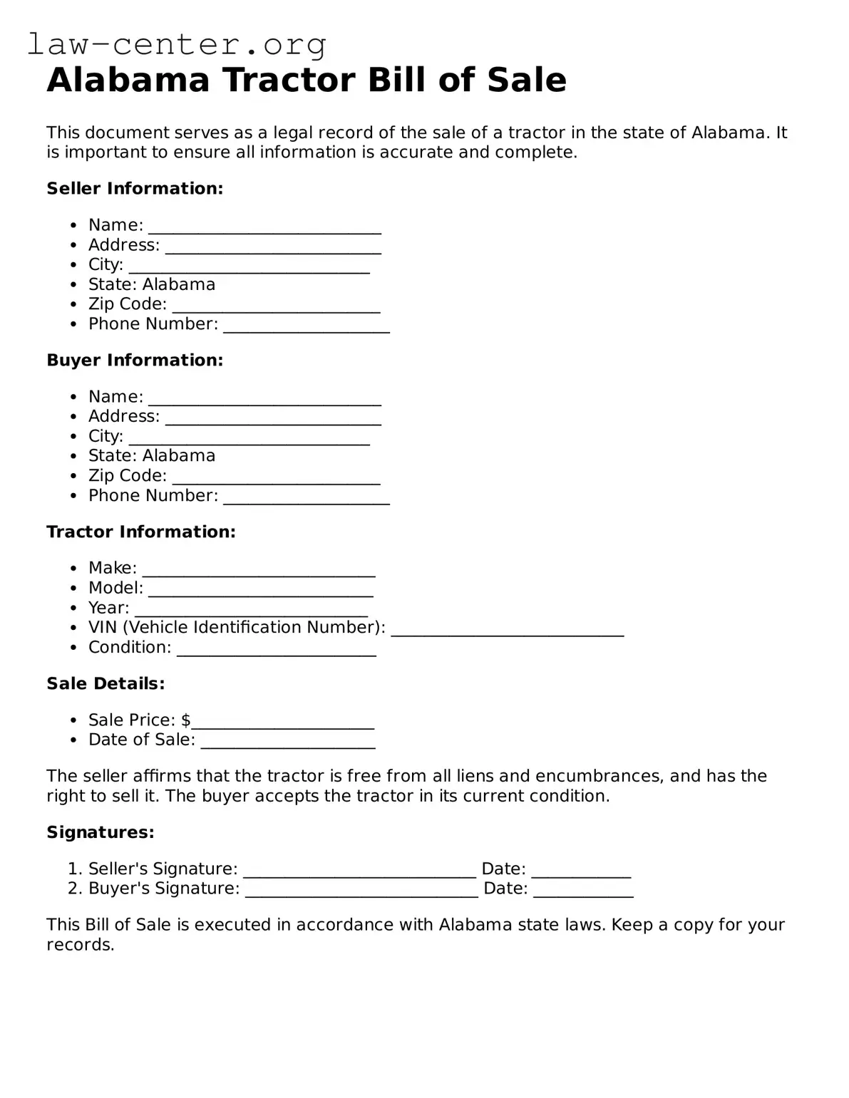 Attorney-Approved Alabama Tractor Bill of Sale Document