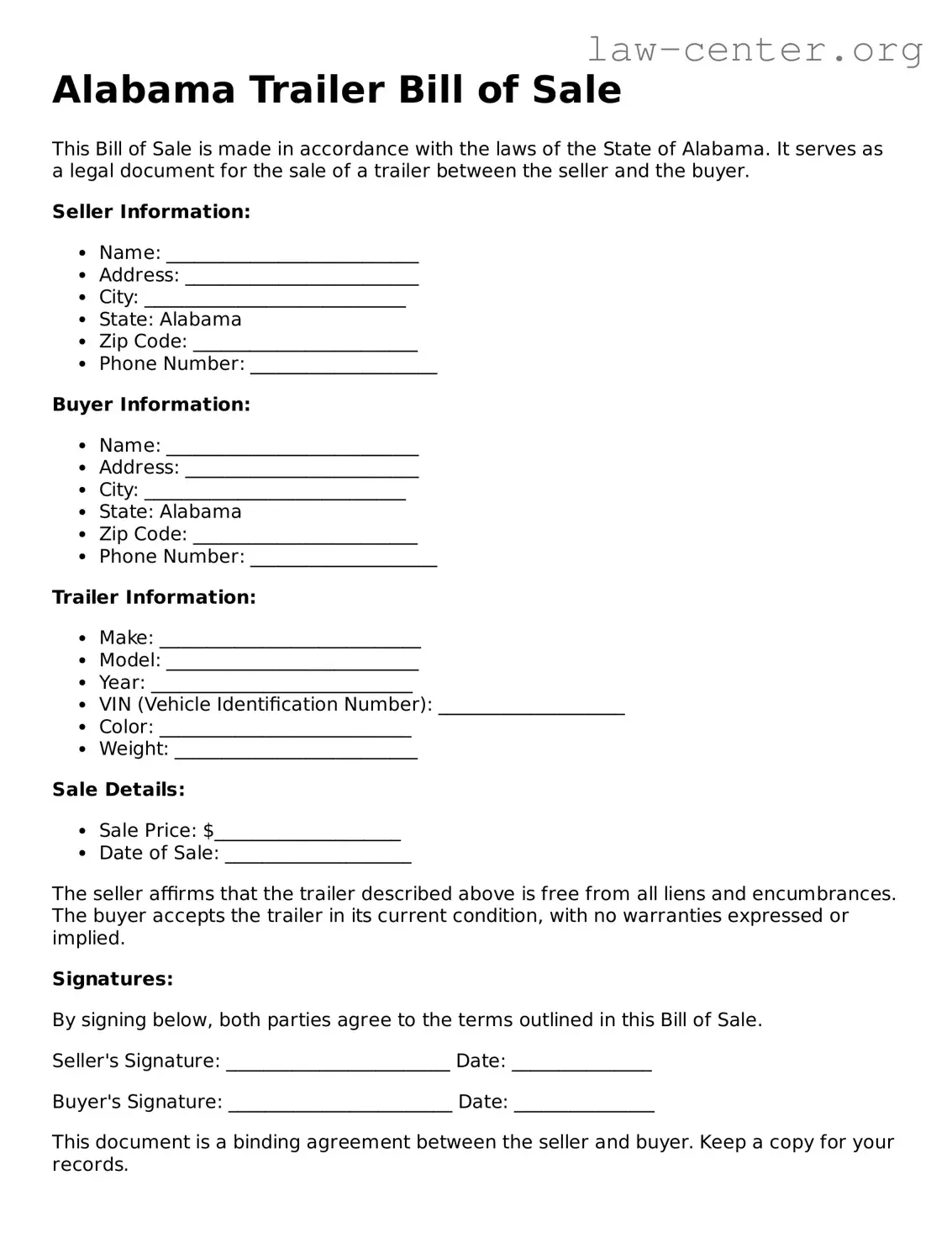 Attorney-Approved Alabama Trailer Bill of Sale Document