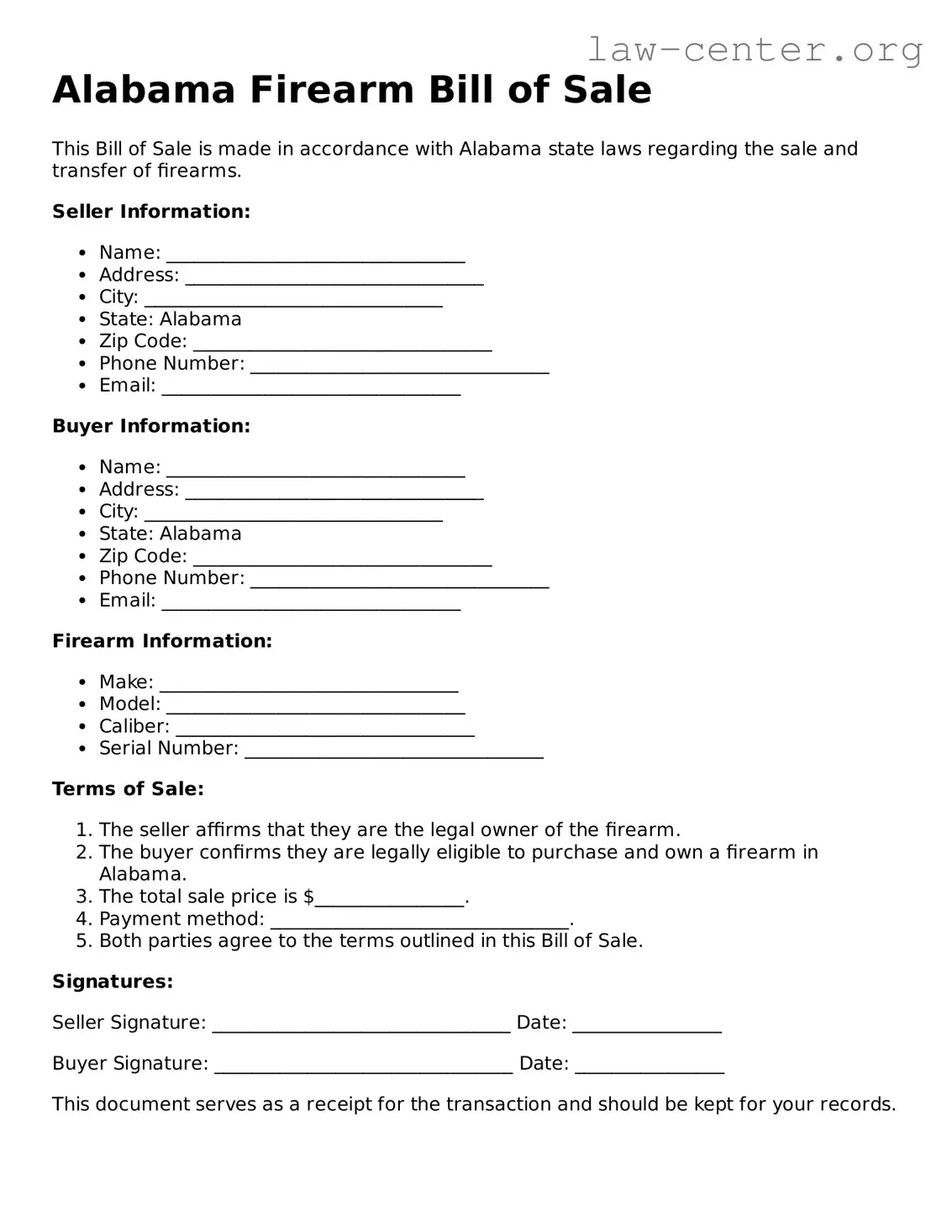 Attorney-Approved Alabama Firearm Bill of Sale Document