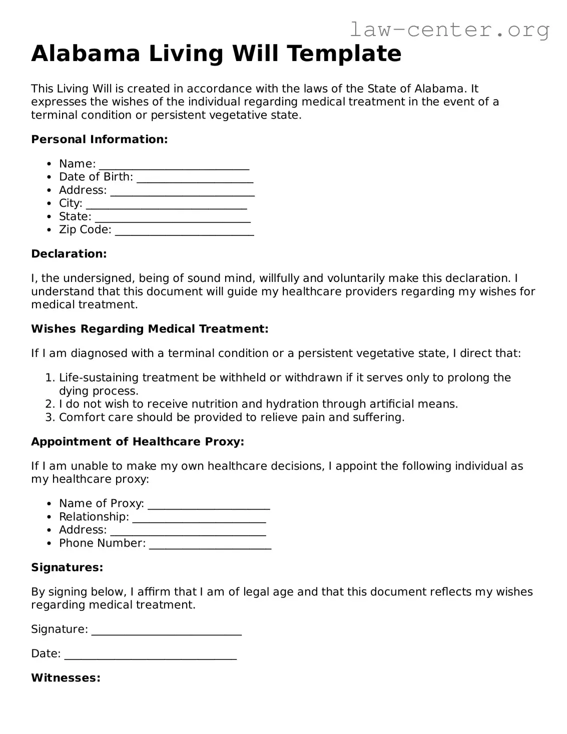 Attorney-Approved Alabama Living Will Document