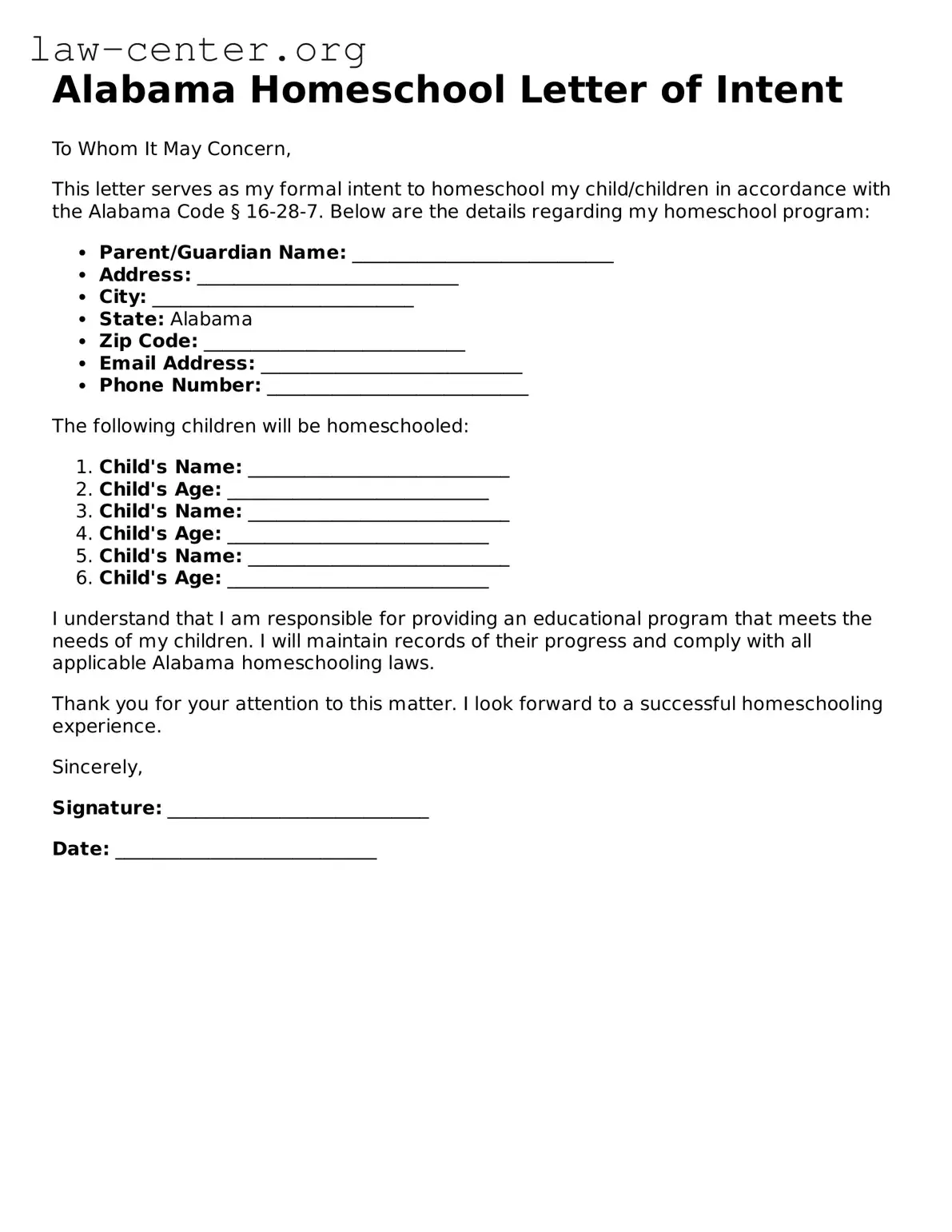 Attorney-Approved Alabama Homeschool Letter of Intent Document
