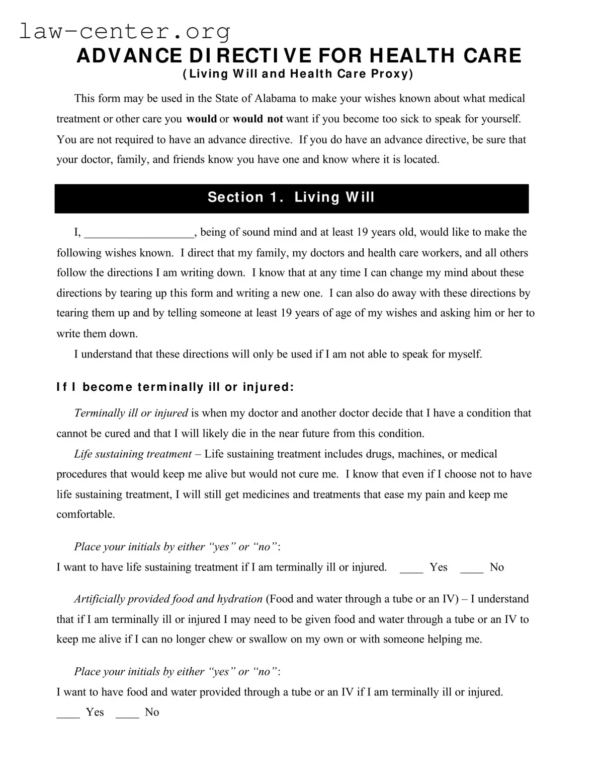 Get Alabama Directive Health Care Form