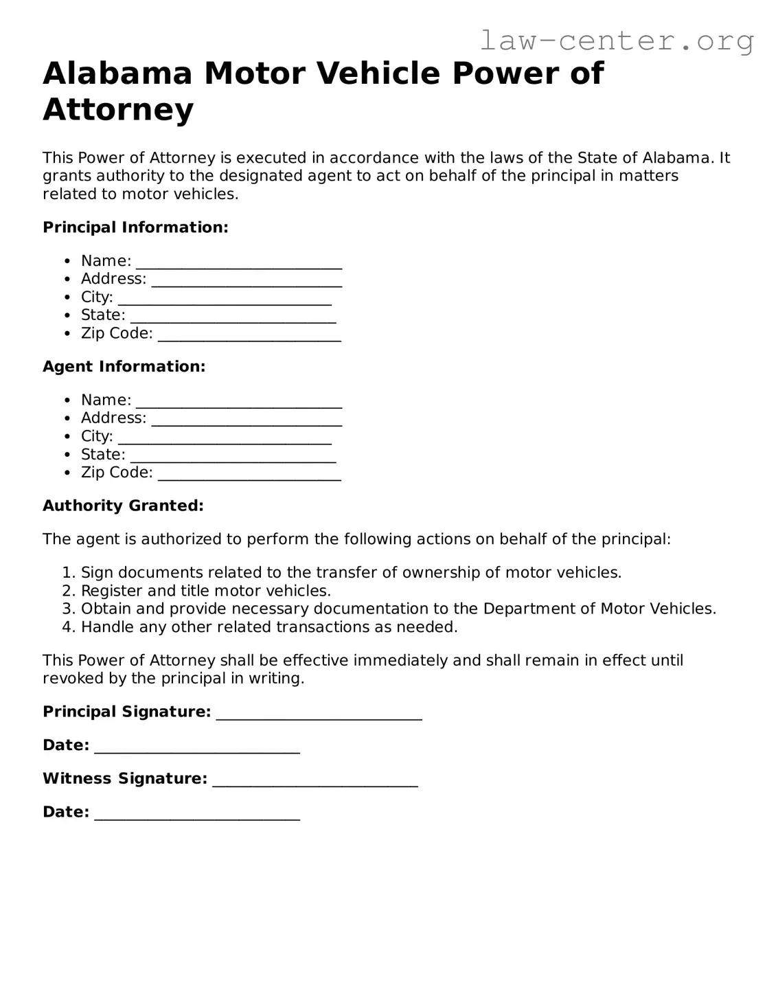 Attorney-Approved Alabama Motor Vehicle Power of Attorney Document