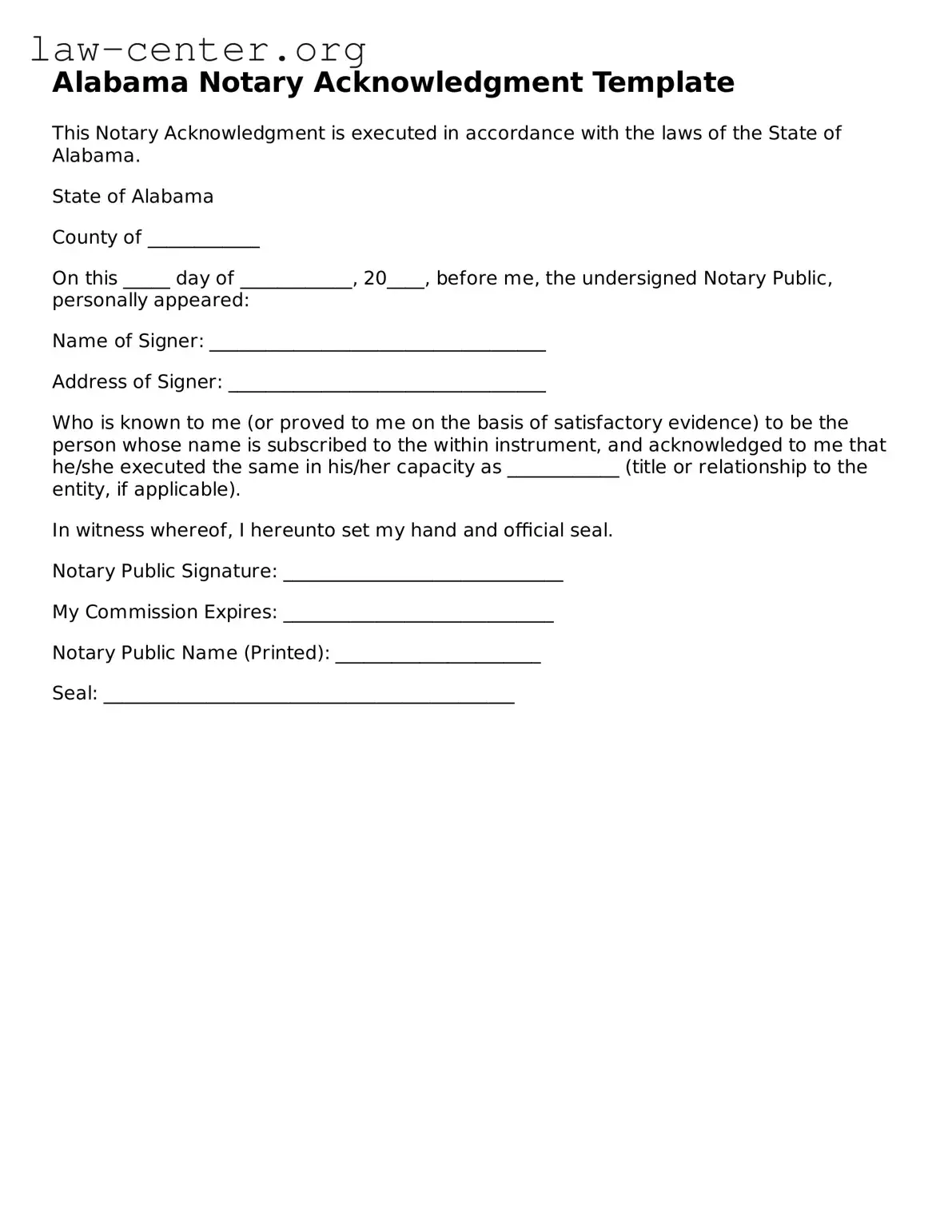 Attorney-Approved Alabama Notary Acknowledgement Document