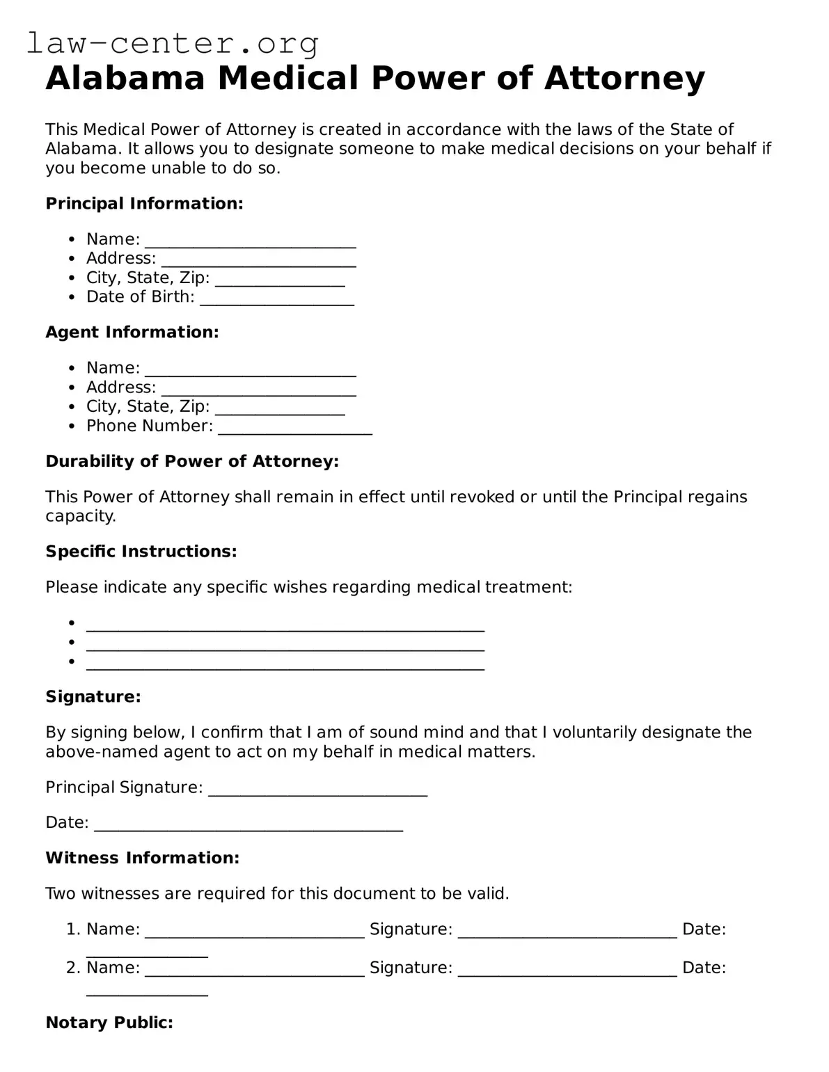 Attorney-Approved Alabama Medical Power of Attorney Document