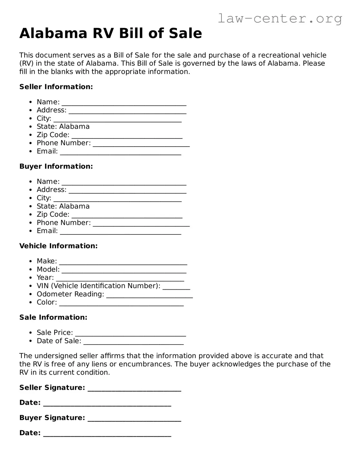 Attorney-Approved Alabama RV Bill of Sale Document