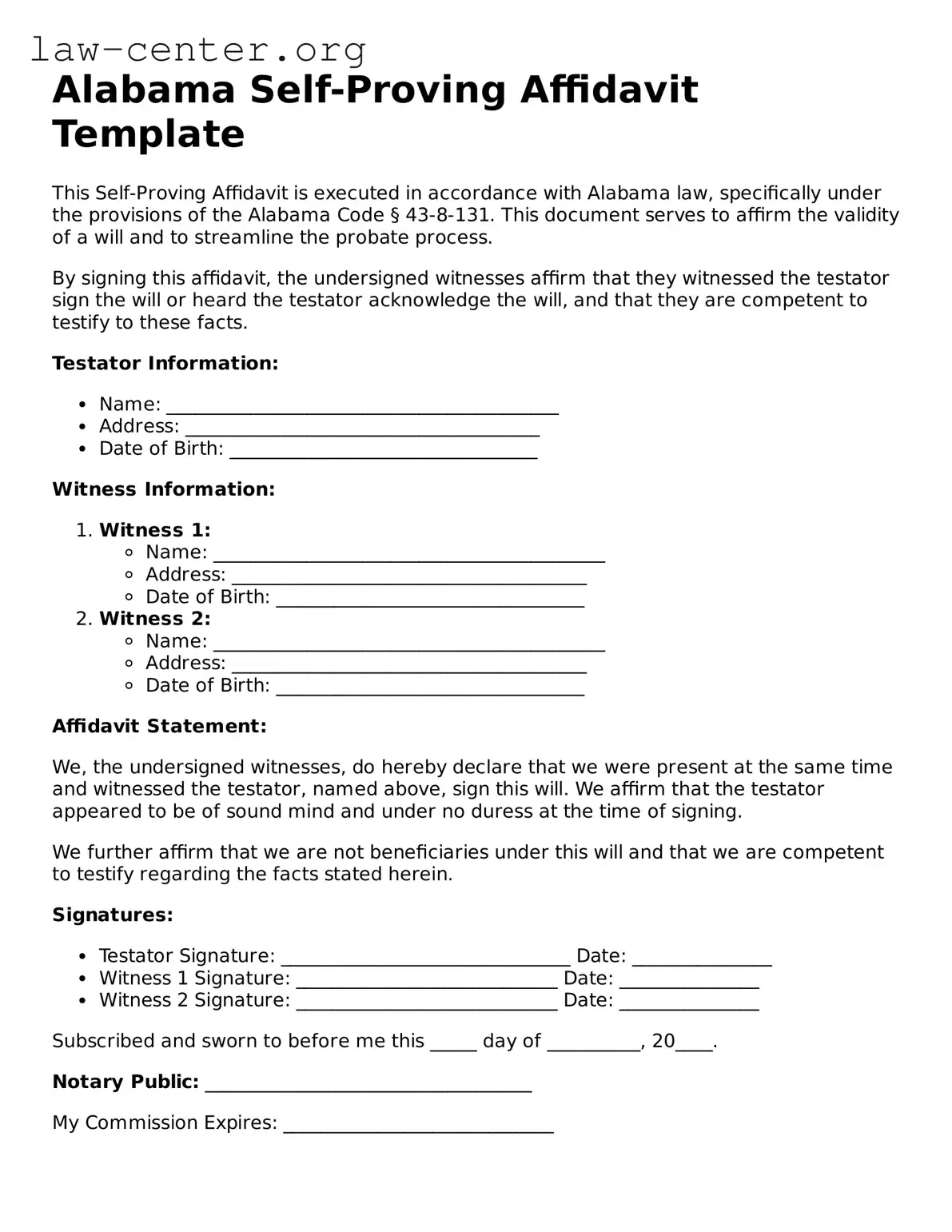 Attorney-Approved Alabama Self-Proving Affidavit Document