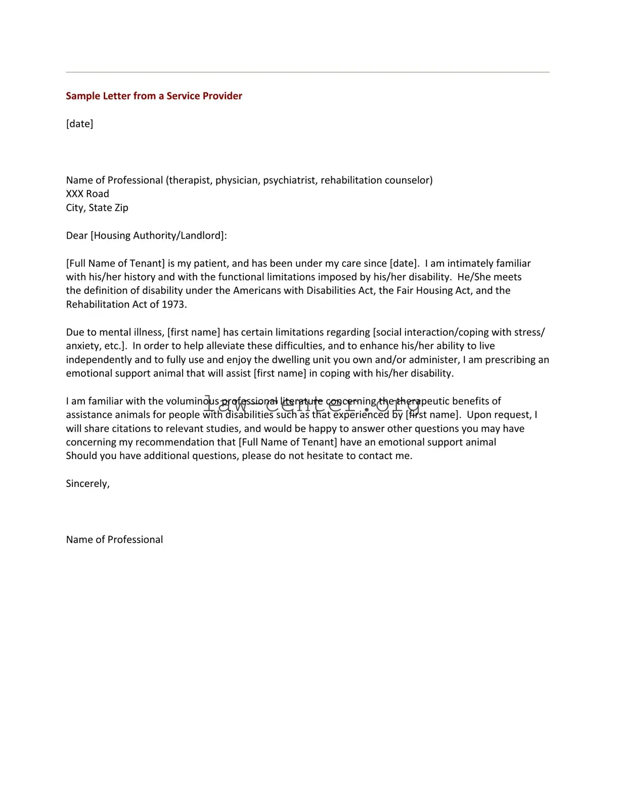 Get Emotional Support Animal Letter Form