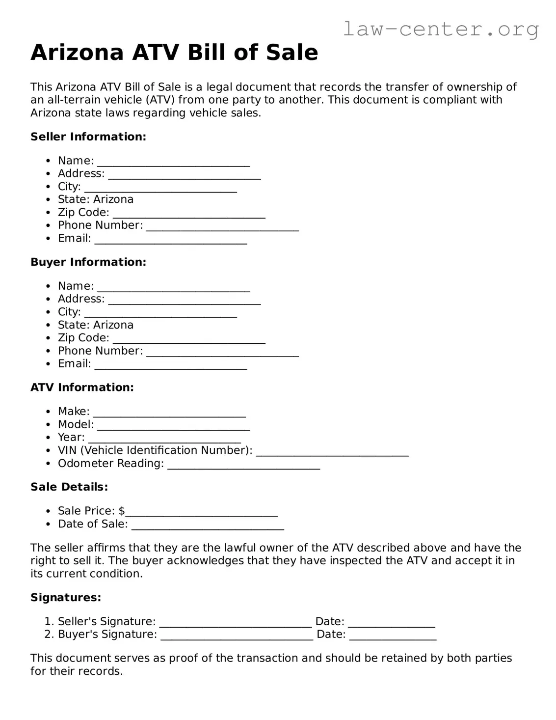 Attorney-Approved Arizona ATV Bill of Sale Document