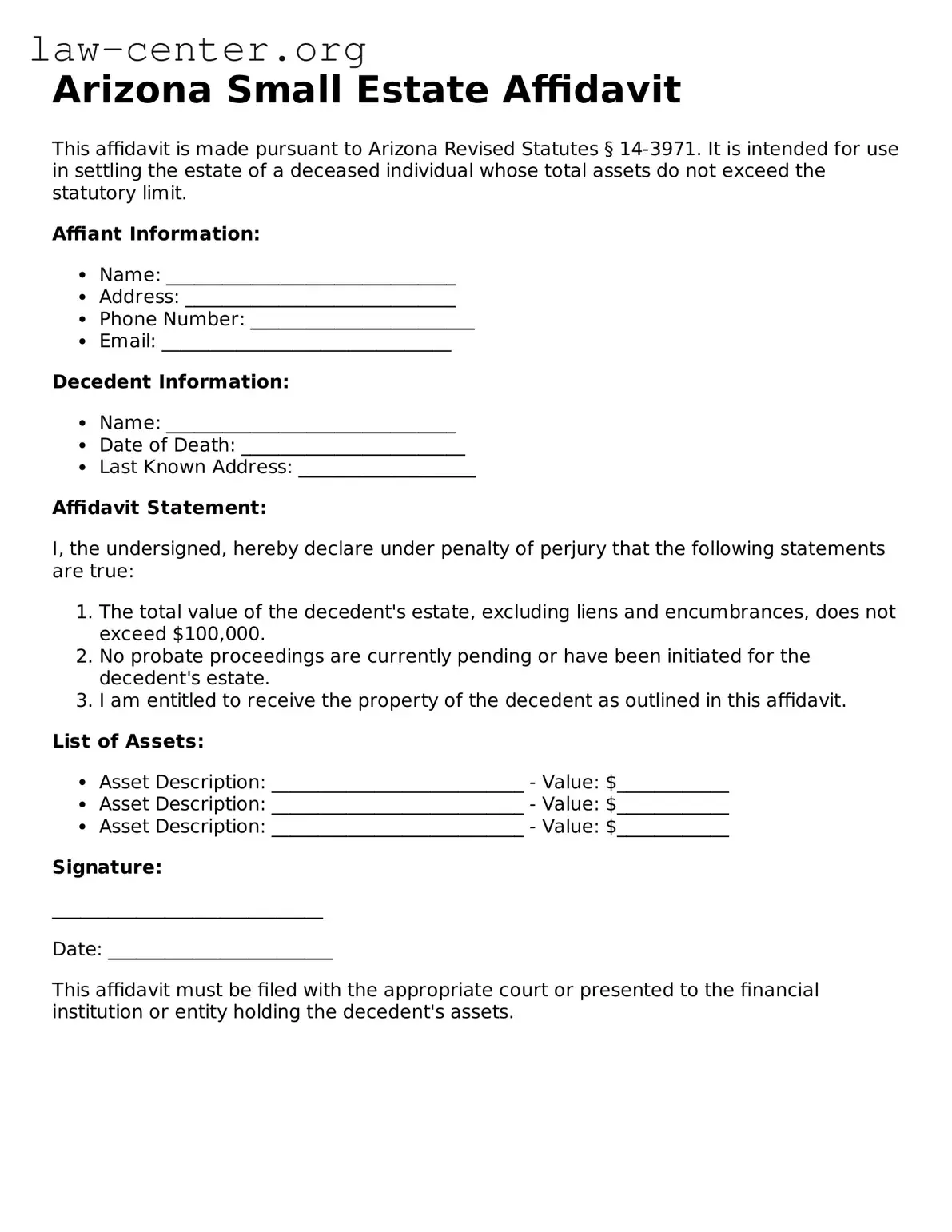 Attorney-Approved Arizona Small Estate Affidavit Document