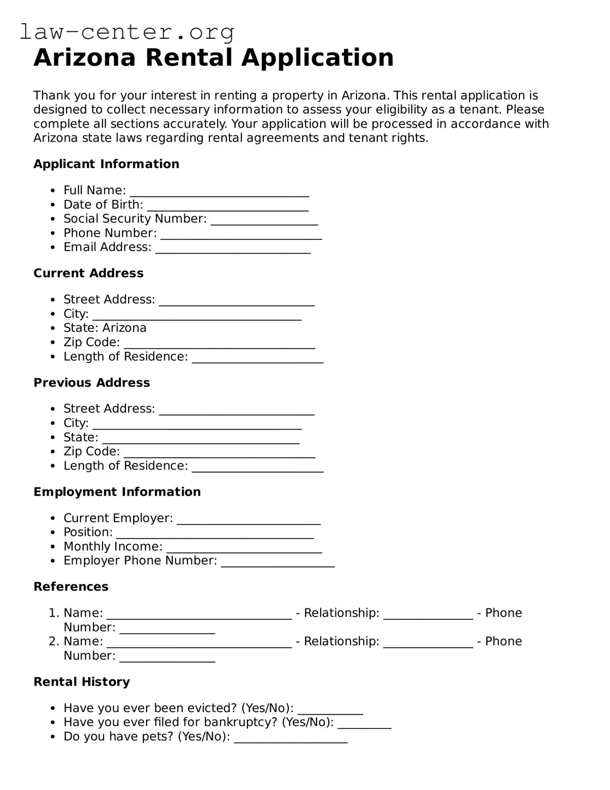Attorney-Approved Arizona Rental Application Document