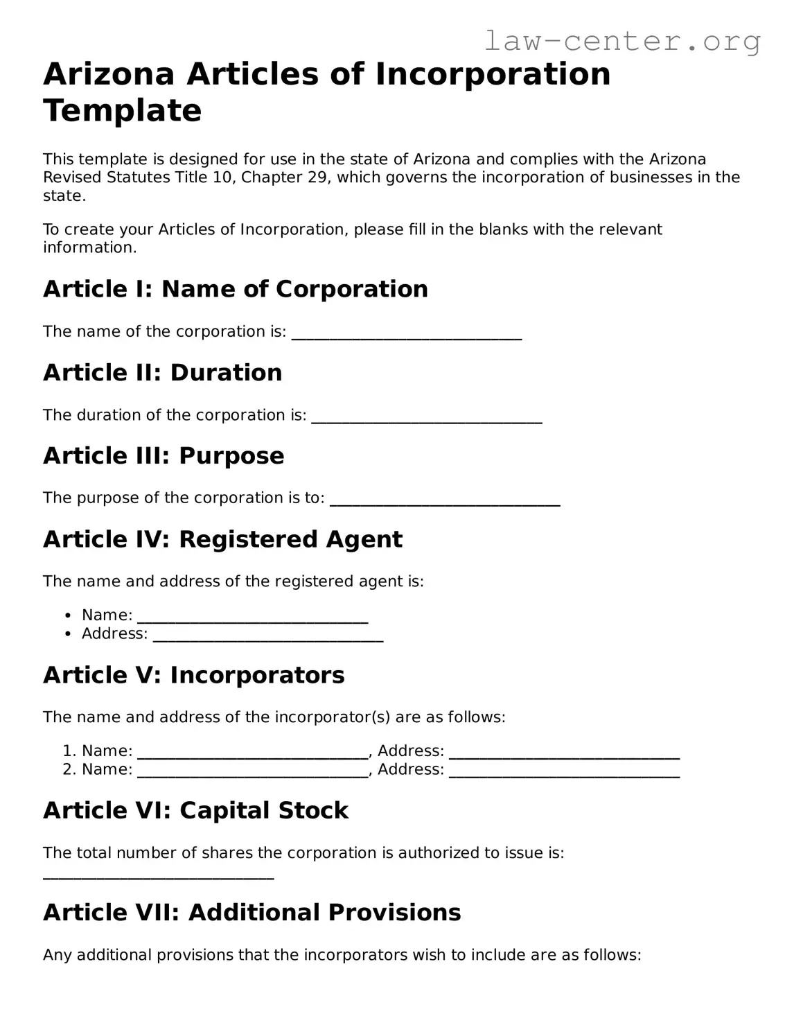Attorney-Approved Arizona Articles of Incorporation Document