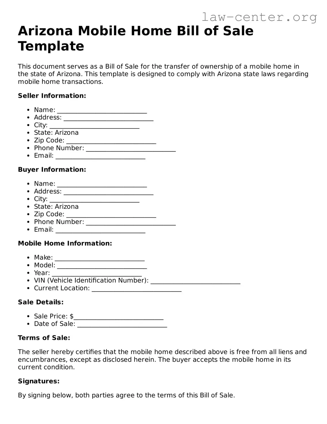 Attorney-Approved Arizona Mobile Home Bill of Sale Document