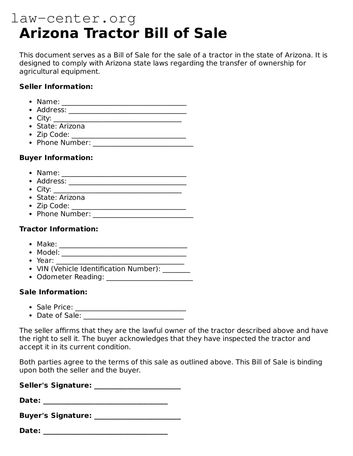 Attorney-Approved Arizona Tractor Bill of Sale Document