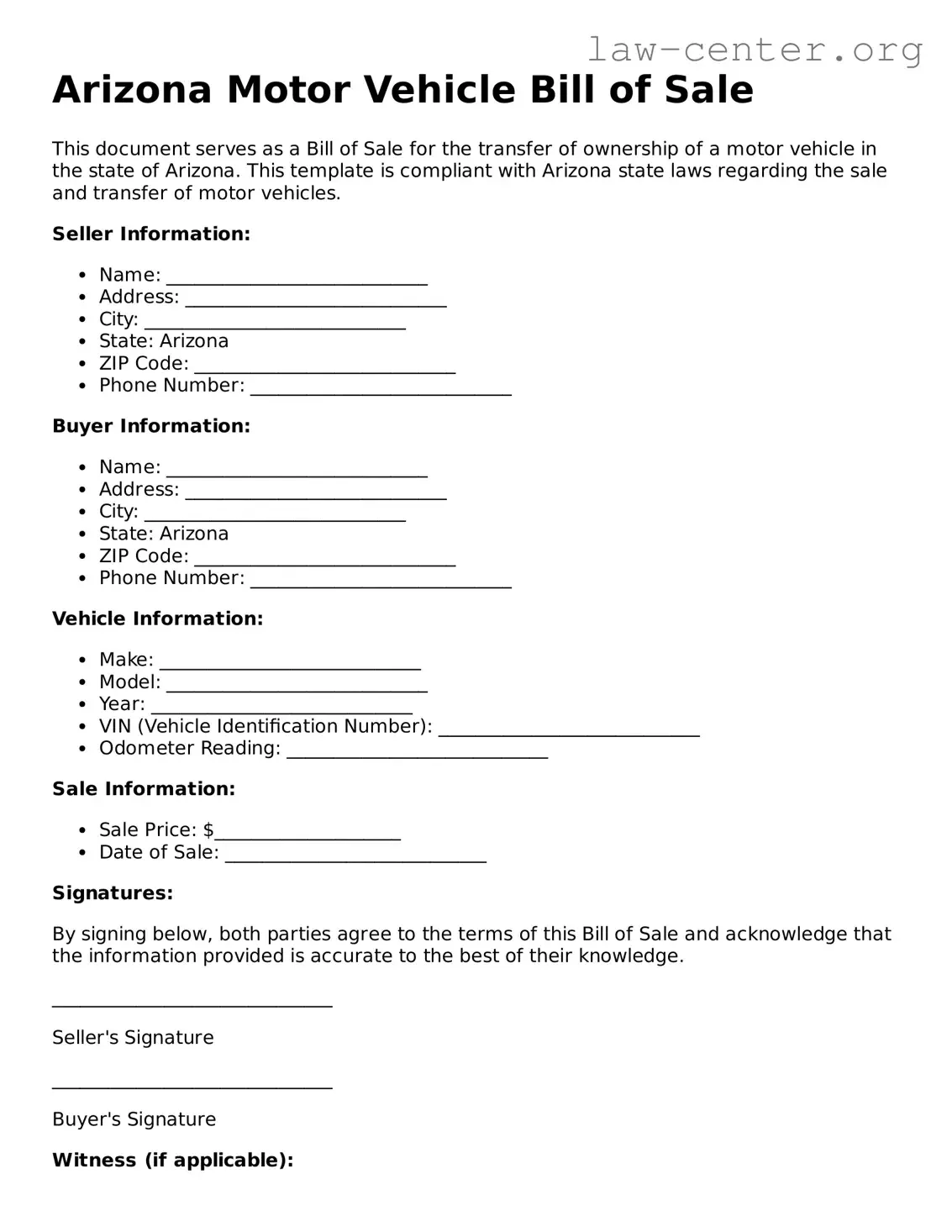Attorney-Approved Arizona Motor Vehicle Bill of Sale Document