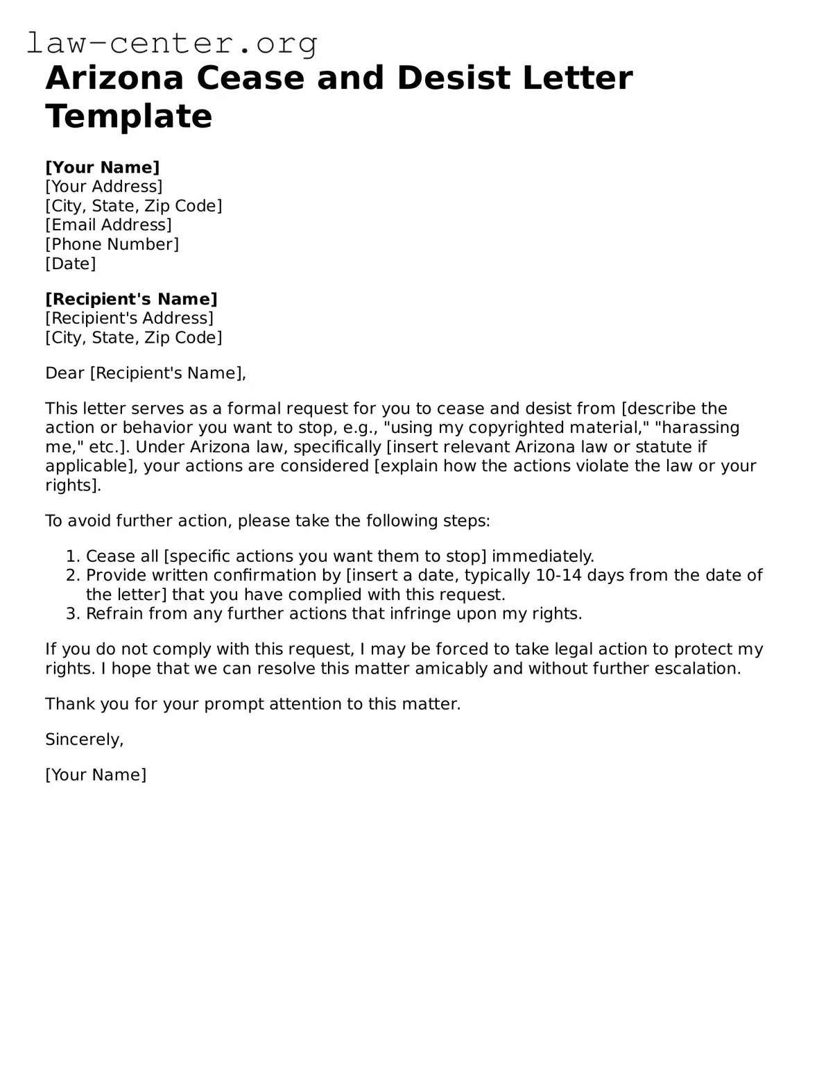 Attorney-Approved Arizona Cease and Desist Letter Document