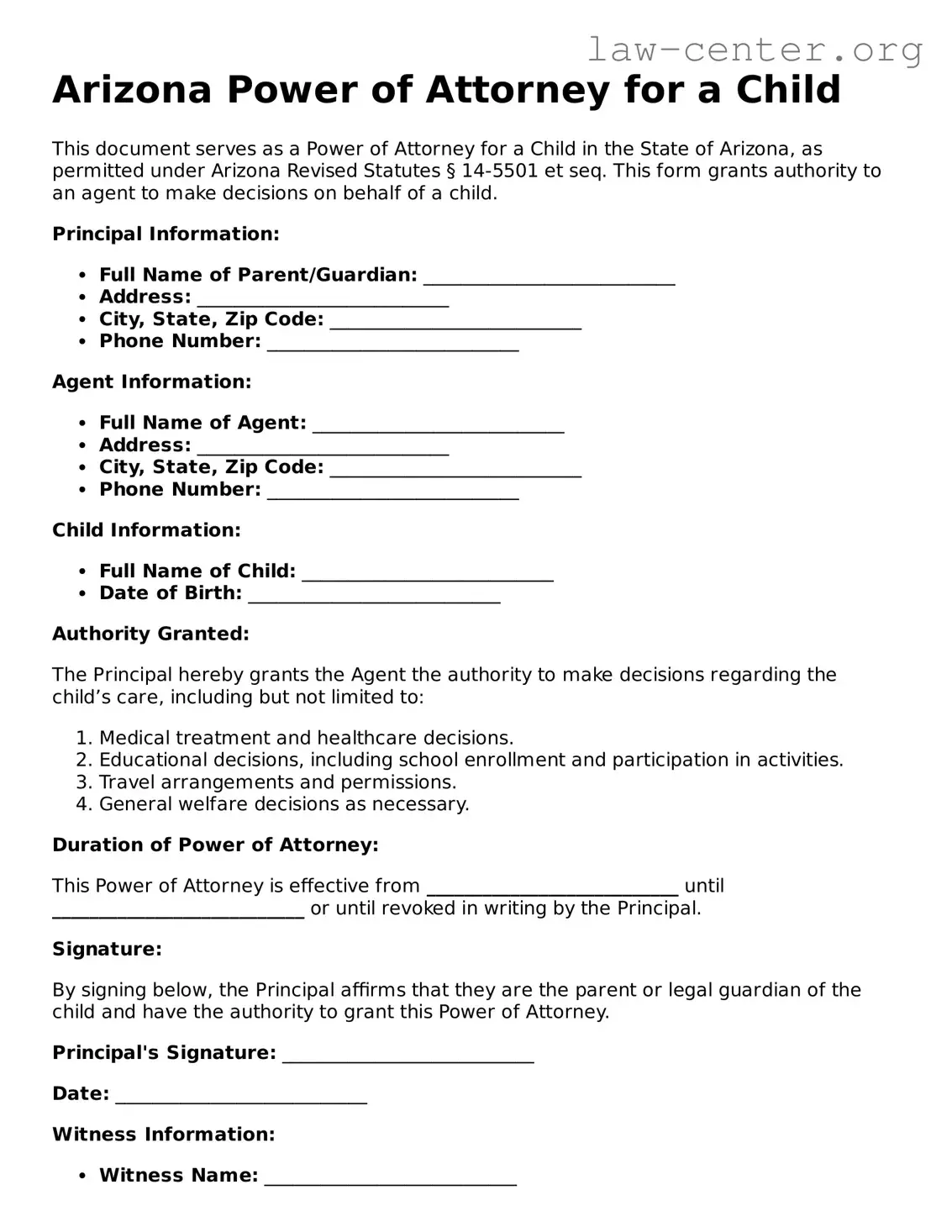 Attorney-Approved Arizona Power of Attorney for a Child Document