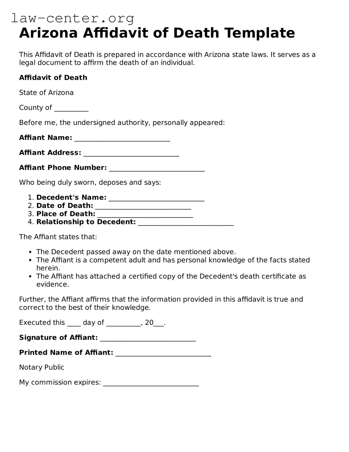 Attorney-Approved Arizona Affidavit of Death Document