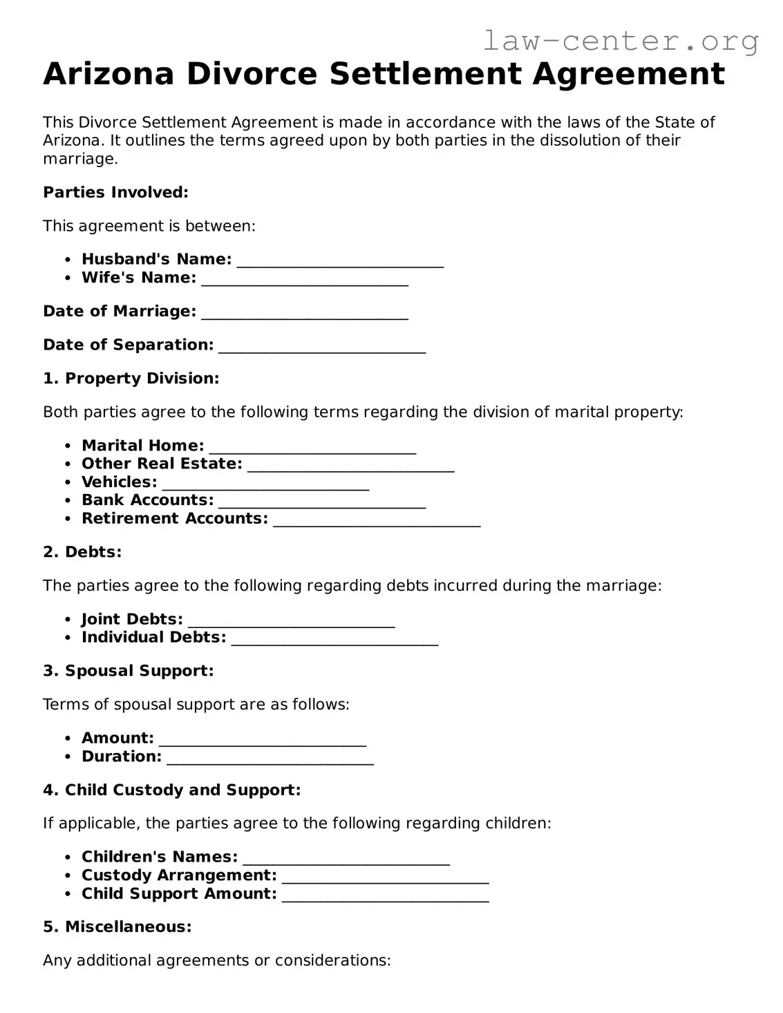 Attorney-Approved Arizona Divorce Settlement Agreement Document