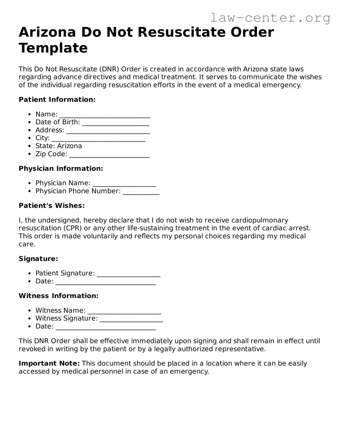 Attorney-Approved Arizona Do Not Resuscitate Order Document