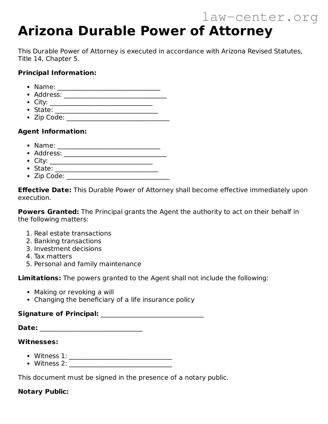 Attorney-Approved Arizona Durable Power of Attorney Document