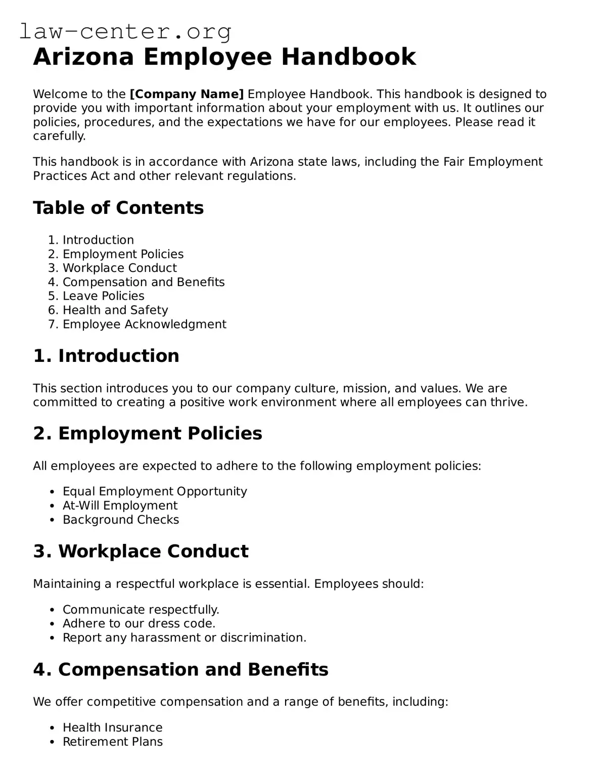 Attorney-Approved Arizona Employee Handbook Document