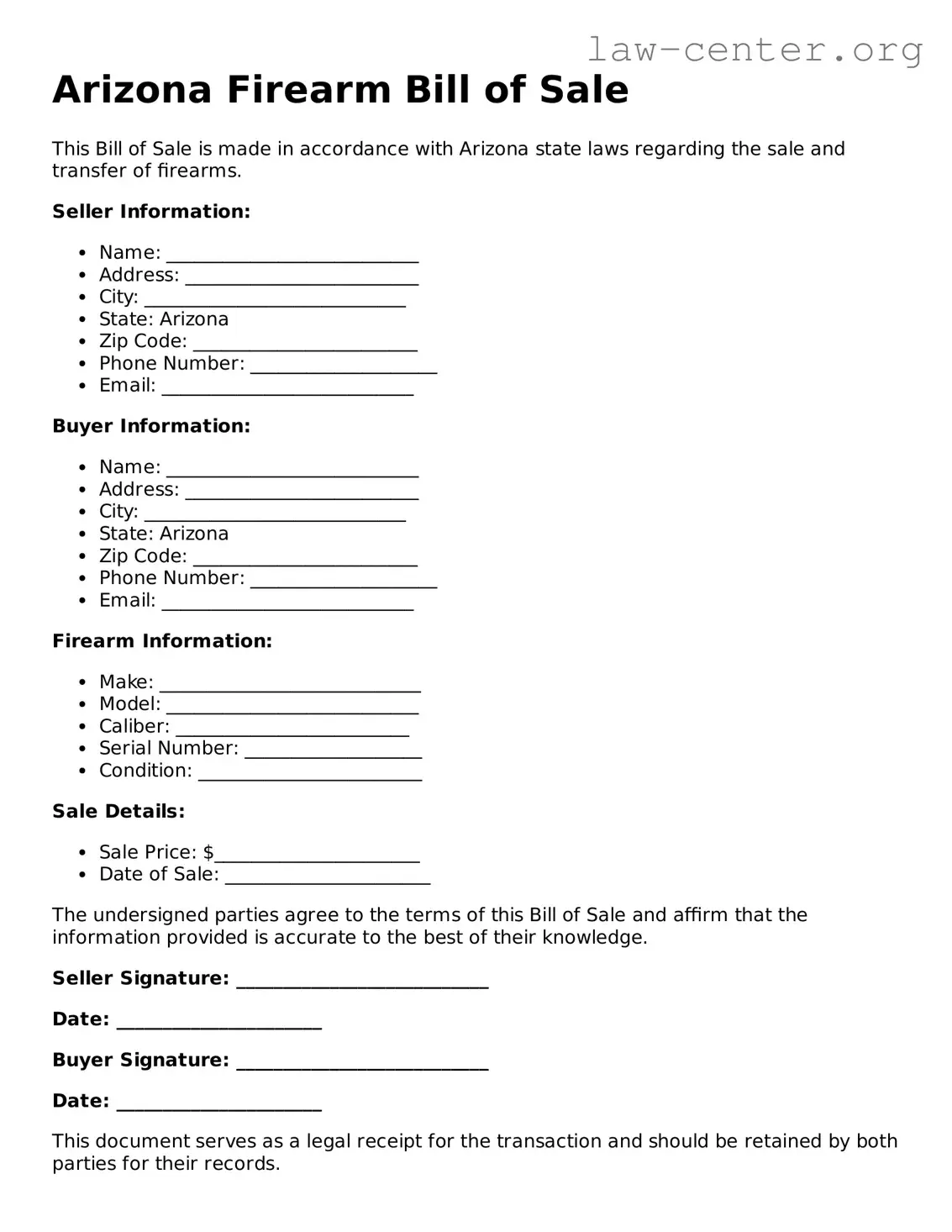 Attorney-Approved Arizona Firearm Bill of Sale Document