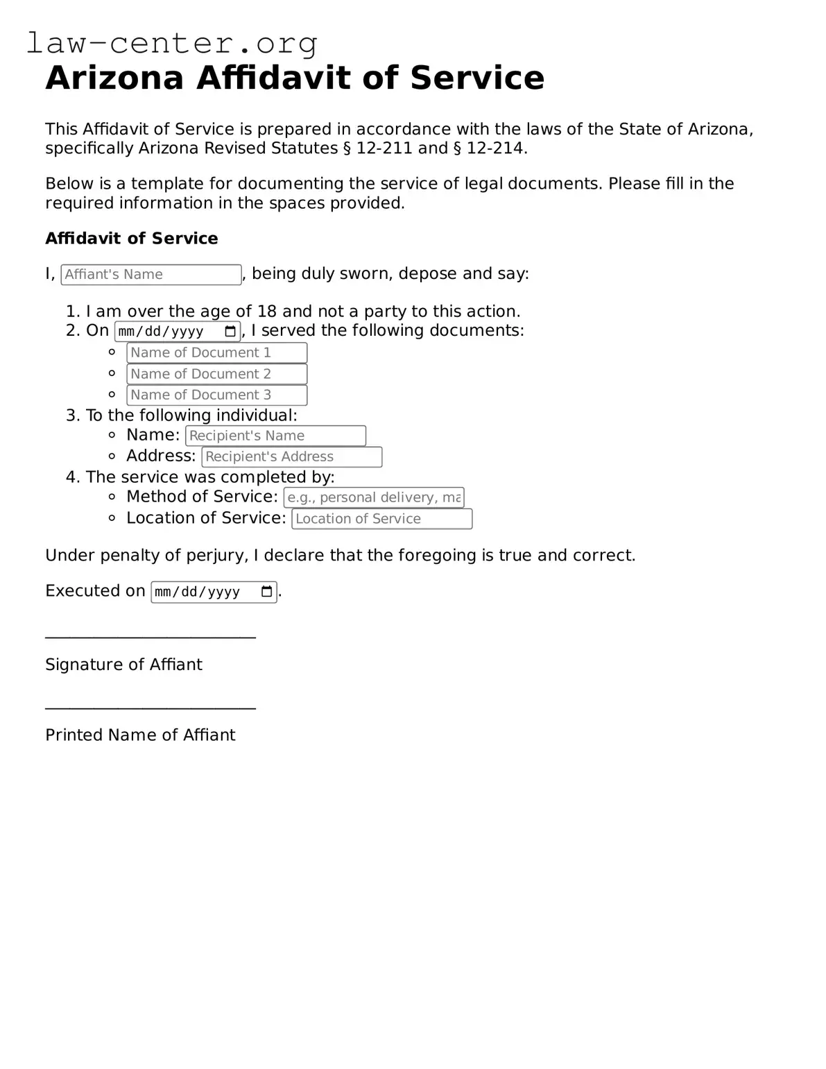 Attorney-Approved Arizona Affidavit of Service Document