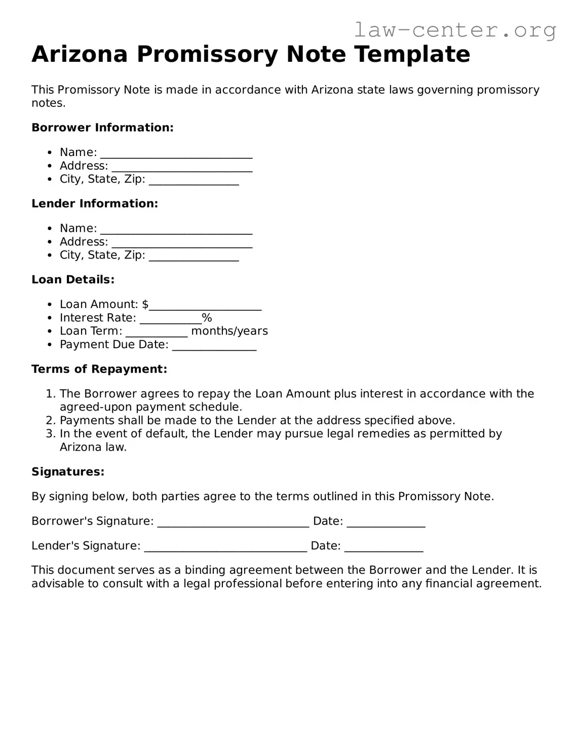 Attorney-Approved Arizona Promissory Note Document