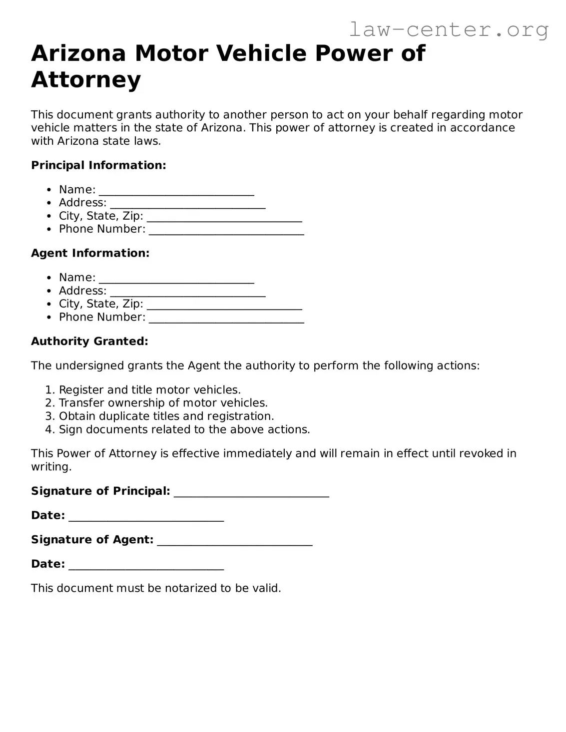 Attorney-Approved Arizona Motor Vehicle Power of Attorney Document