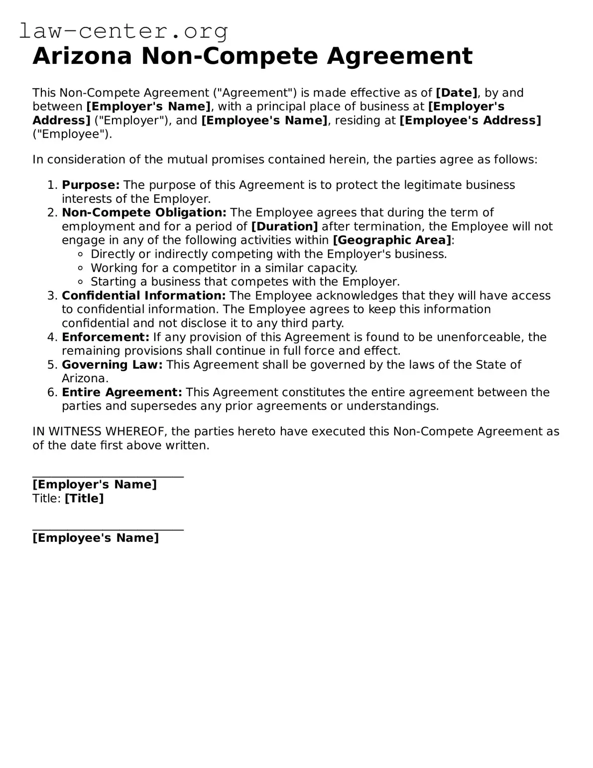 Attorney-Approved Arizona Non-compete Agreement Document