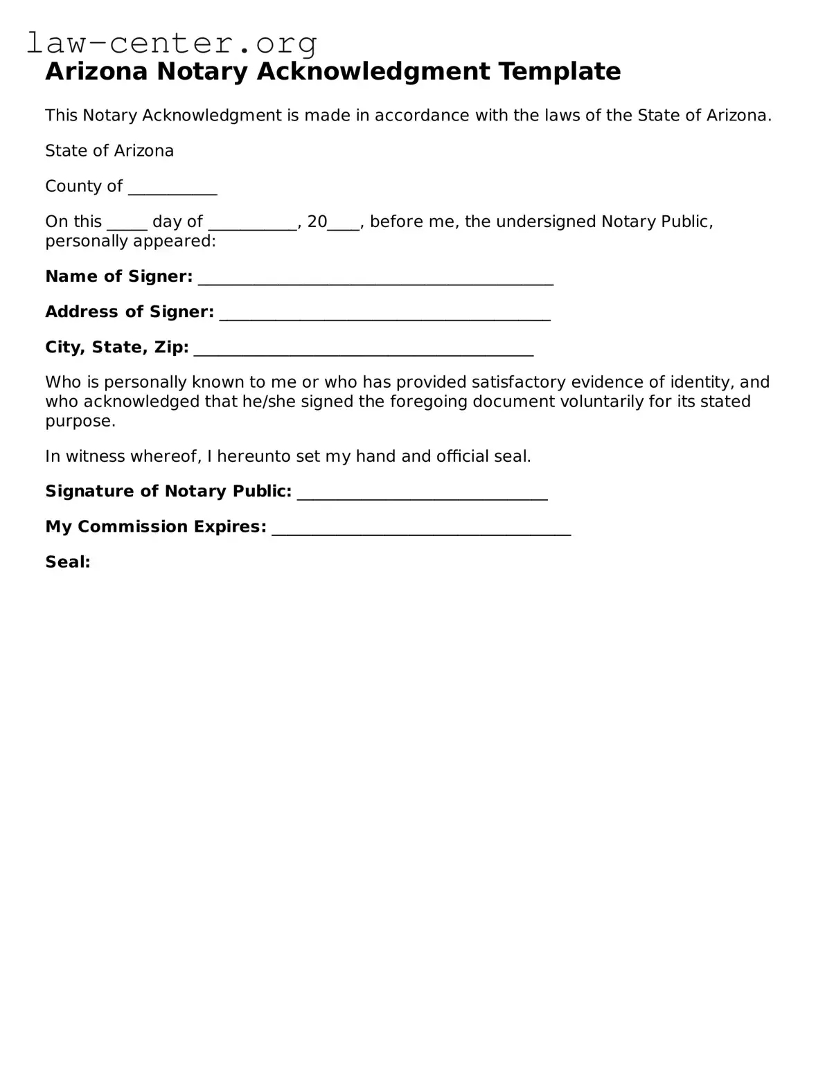 Attorney-Approved Arizona Notary Acknowledgement Document