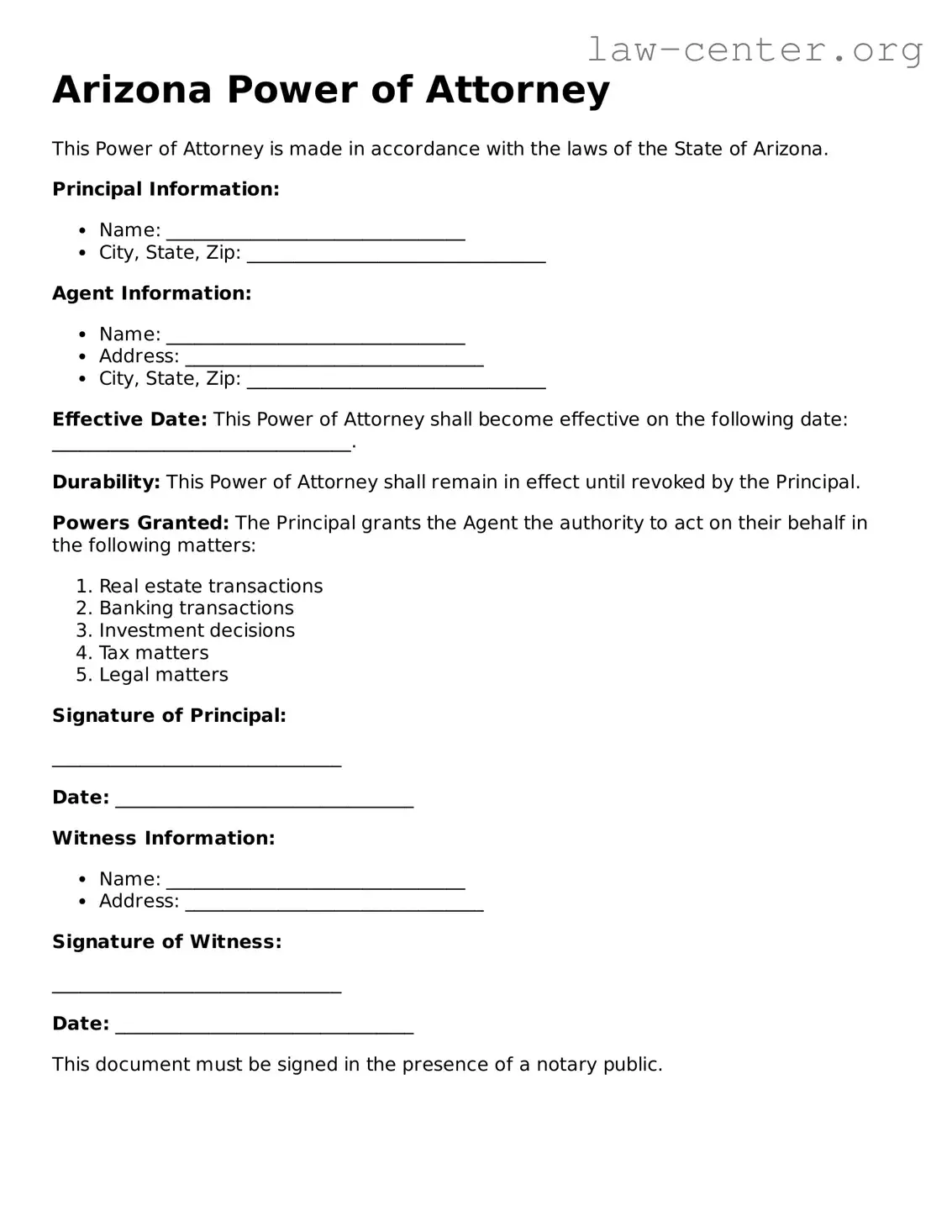 Attorney-Approved Arizona Power of Attorney Document