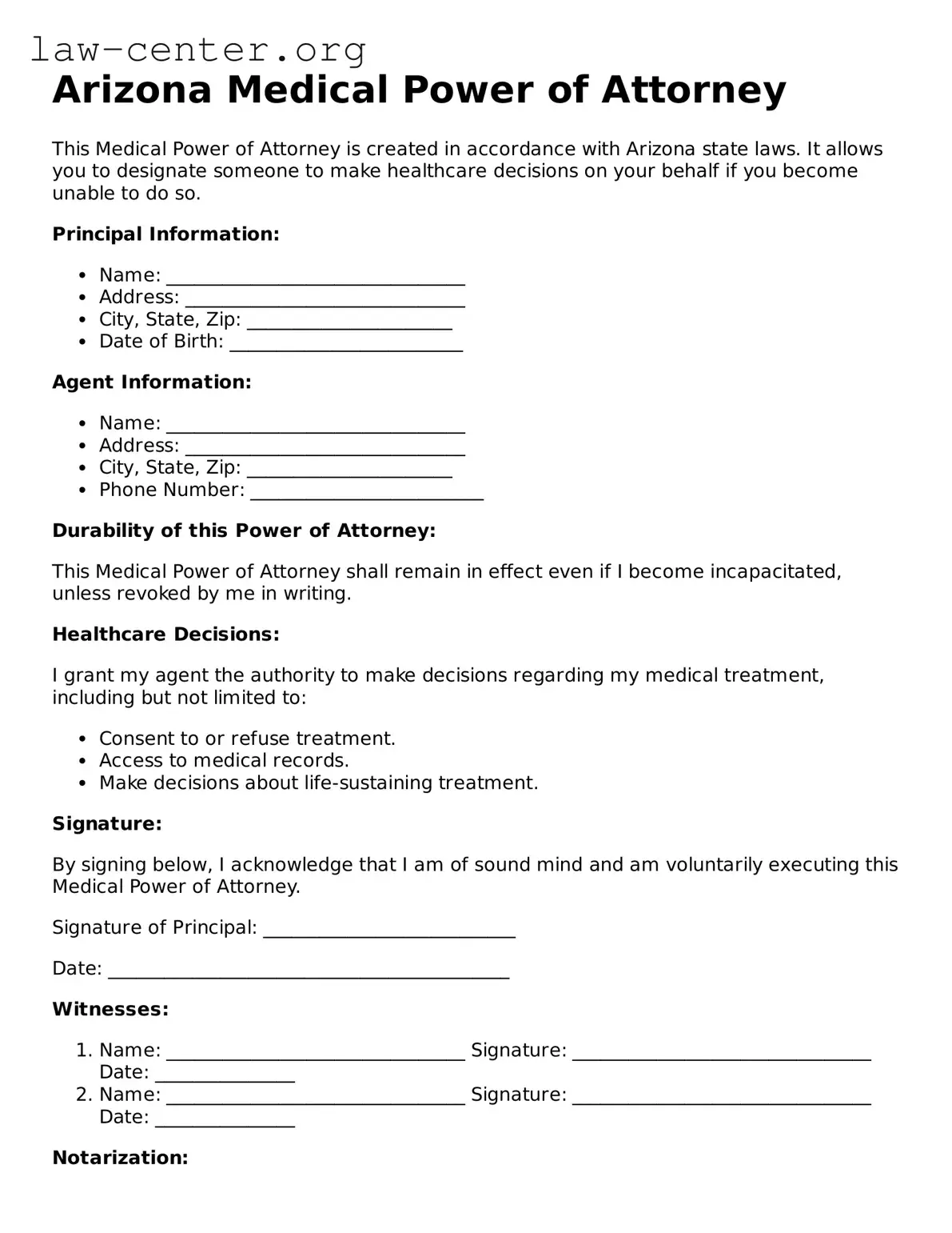 Attorney-Approved Arizona Medical Power of Attorney Document