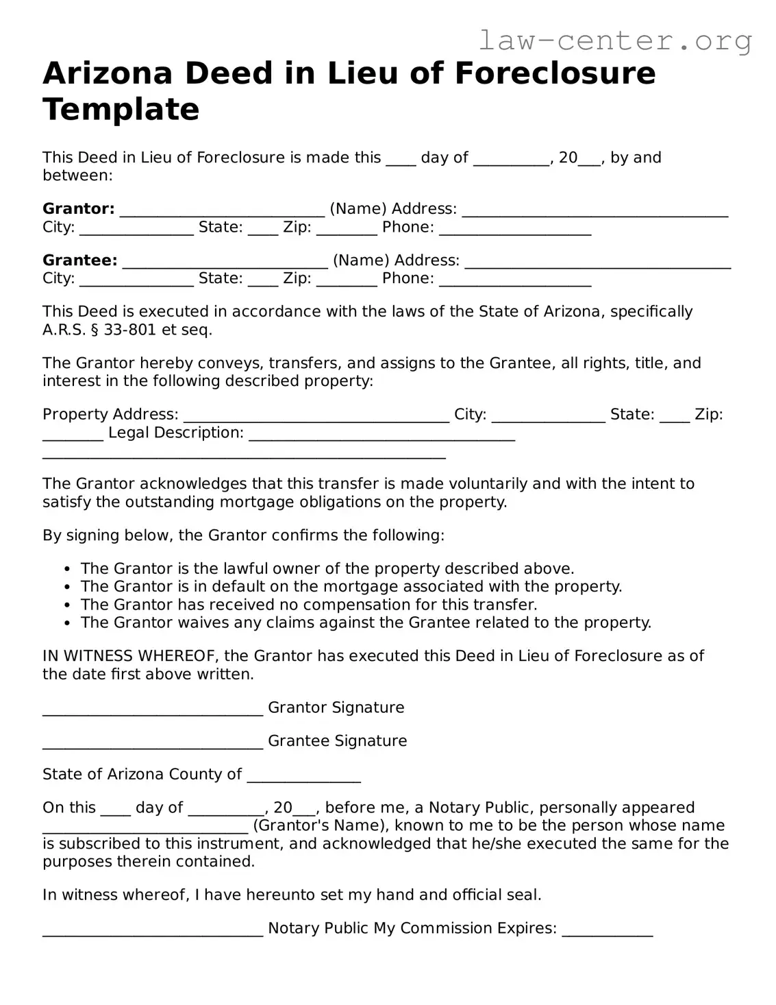 Attorney-Approved Arizona Deed in Lieu of Foreclosure Document