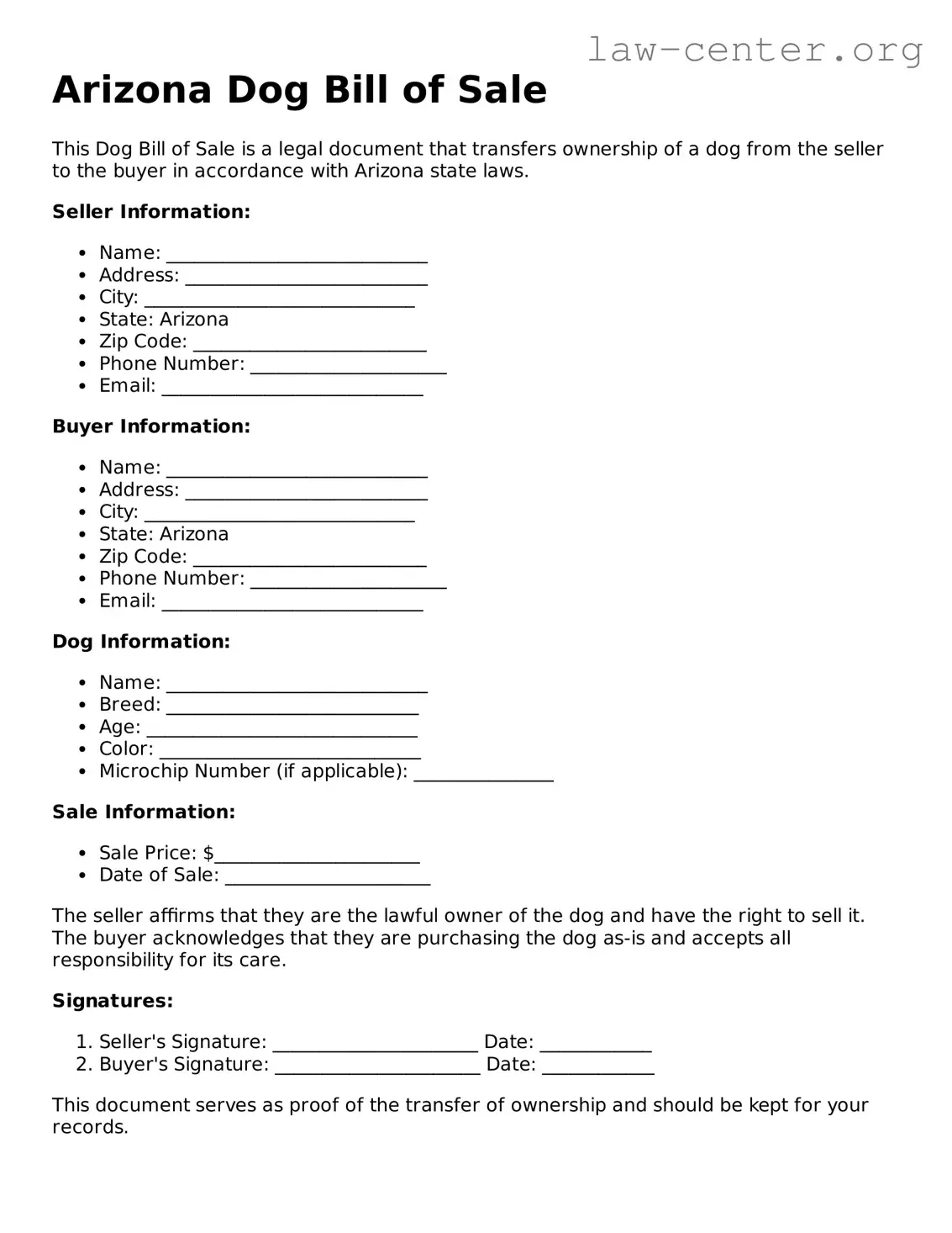 Attorney-Approved Arizona Dog Bill of Sale Document