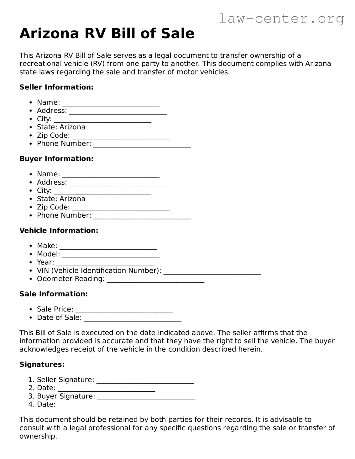 Attorney-Approved Arizona RV Bill of Sale Document