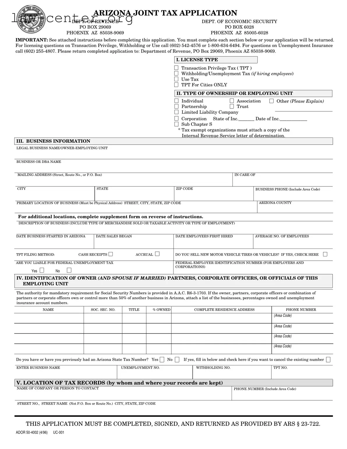 Get Arizona Joint Tax Application Form