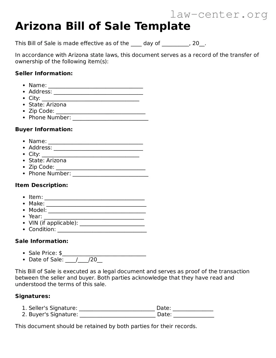 Attorney-Approved Arizona Bill of Sale Document