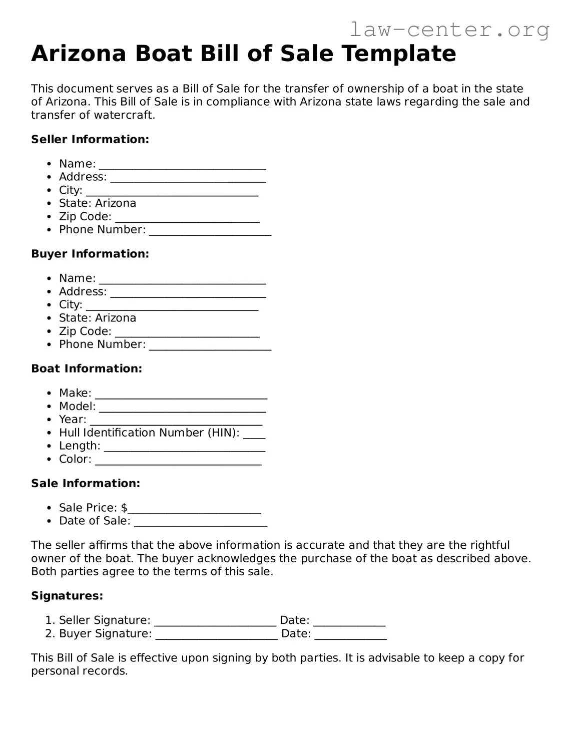 Attorney-Approved Arizona Boat Bill of Sale Document