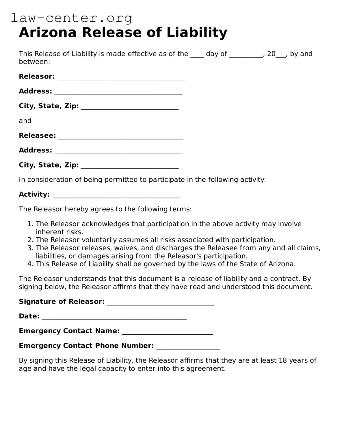 Attorney-Approved Arizona Release of Liability Document