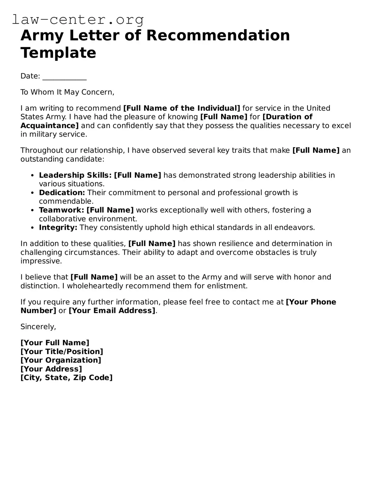 Free Army Letter of Recommendation Template