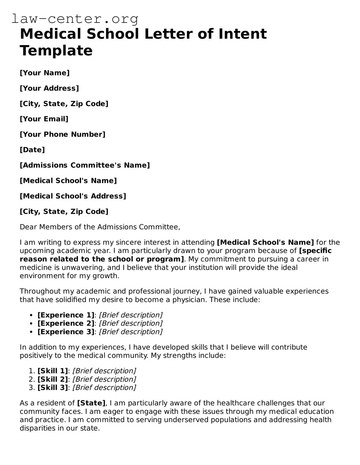 Free Medical School Letter of Intent Template
