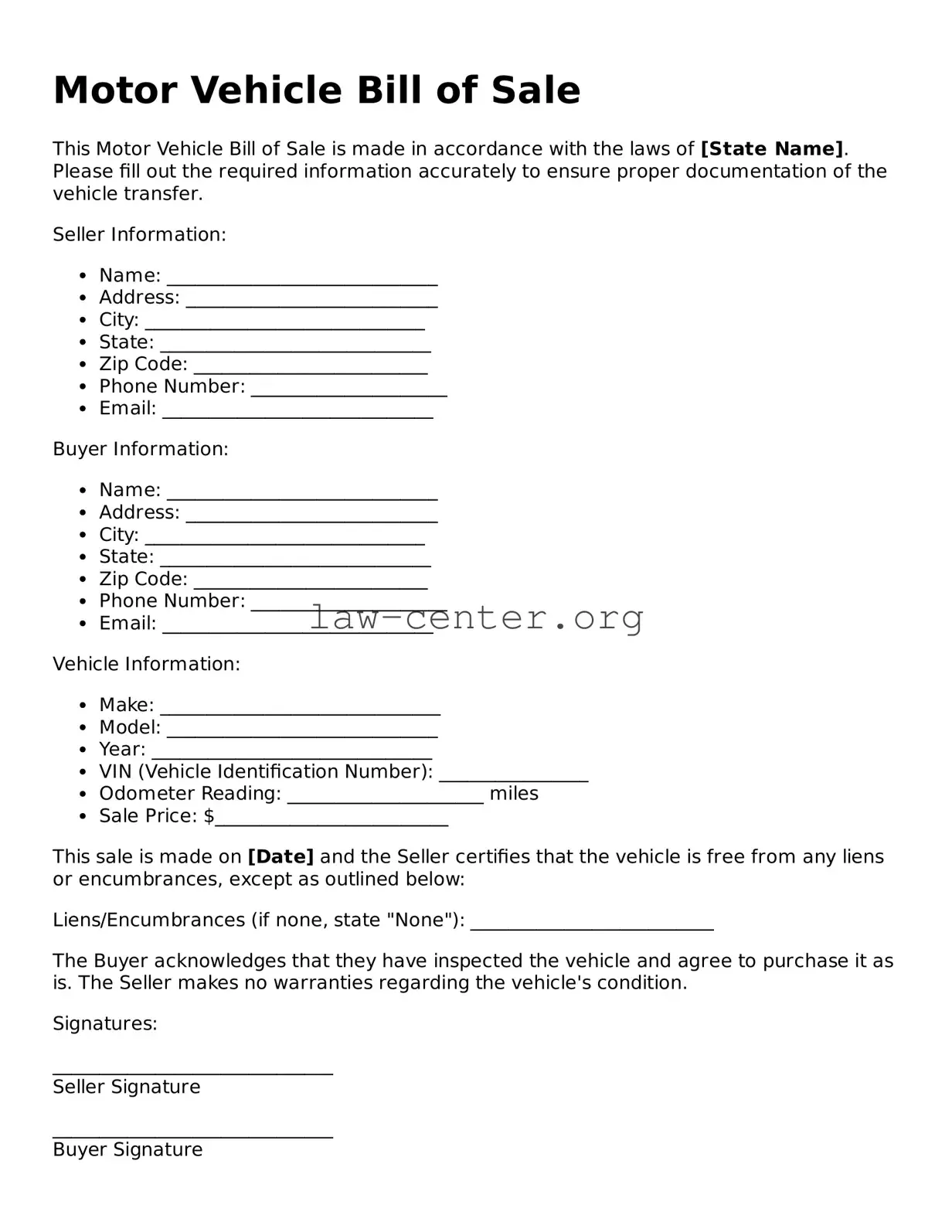 Free Motor Vehicle Bill of Sale Template