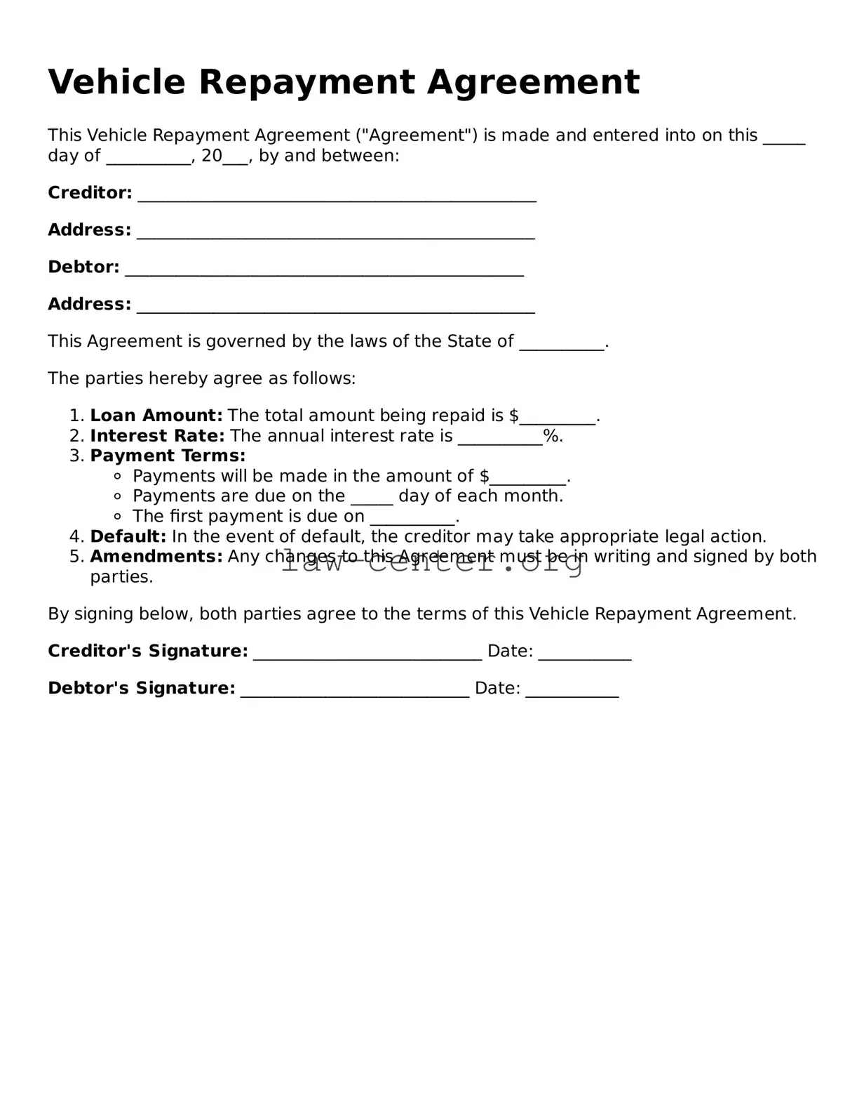 Free Vehicle Repayment Agreement Template